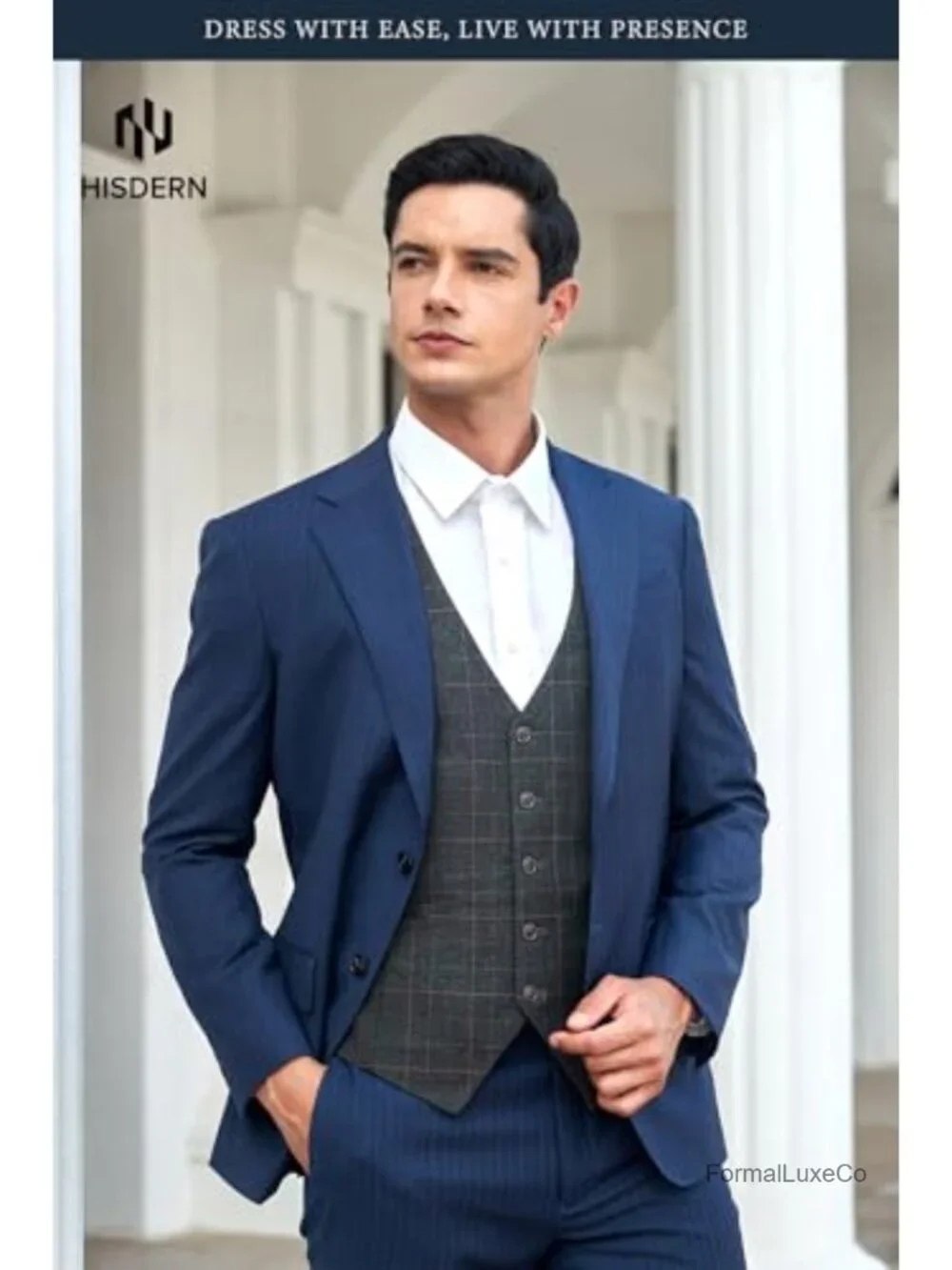 Men's Plaid Suit Vest Slim Fit V-Neck Formal Business Waistcoat Tuxedo